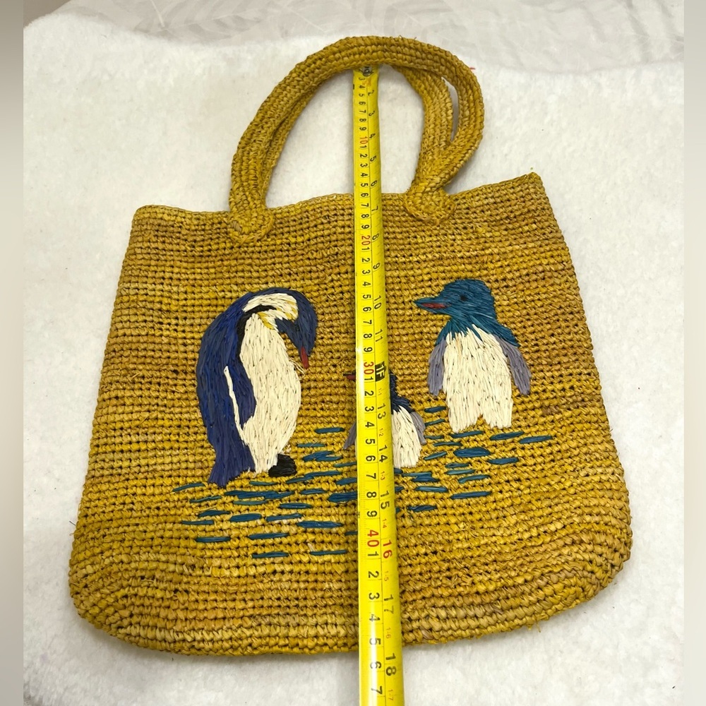 Handmade Raffia Crochet Shoulder Bag Penguin Embroidered Tote - Picture 9 of 11
